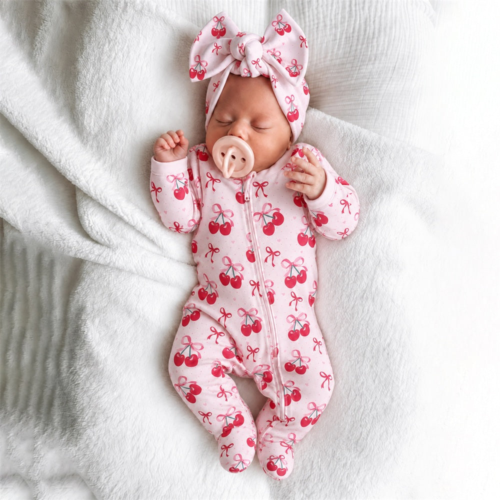 2PCS Graceful Bow Cherry Printed Zipper Long Sleeve Baby Jumpsuit