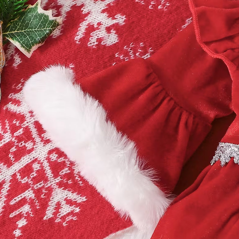 2PCS Chic Faux Fur Color Block Christmas Baby Girl Velvet Romper