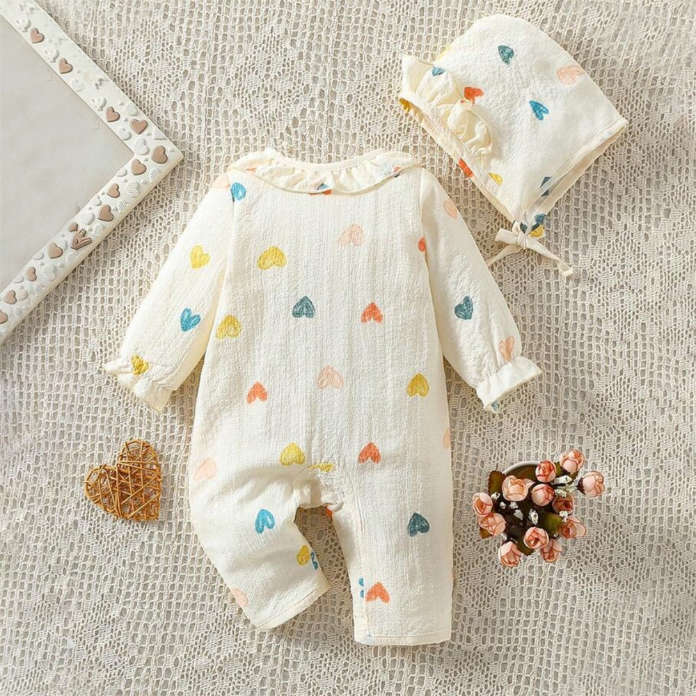 2PCS Colorful Heart Print Frill Long Sleeve Baby Jumpsuit