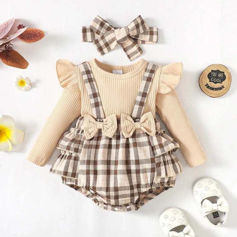 2PCS Adorable Plaid Print Long Sleeve Baby Romper