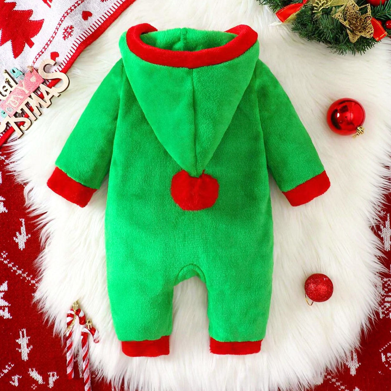Christmas Elf Printed Zipper Long Sleeve Hoodie Fuzzy Baby Jumpsuit