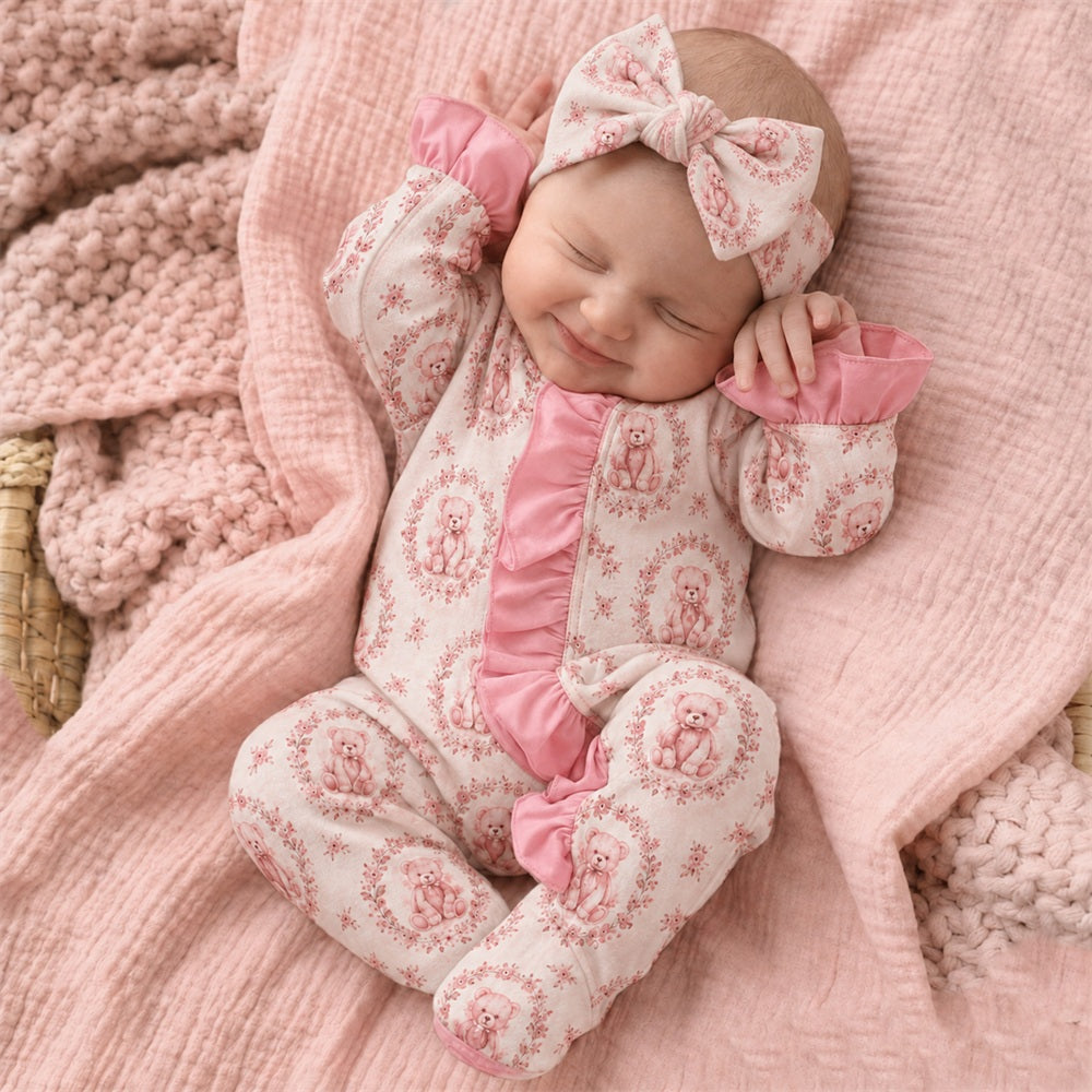 2PCS Lovely Bear Floral Print Ruffle Zipper Baby Jumpsuit