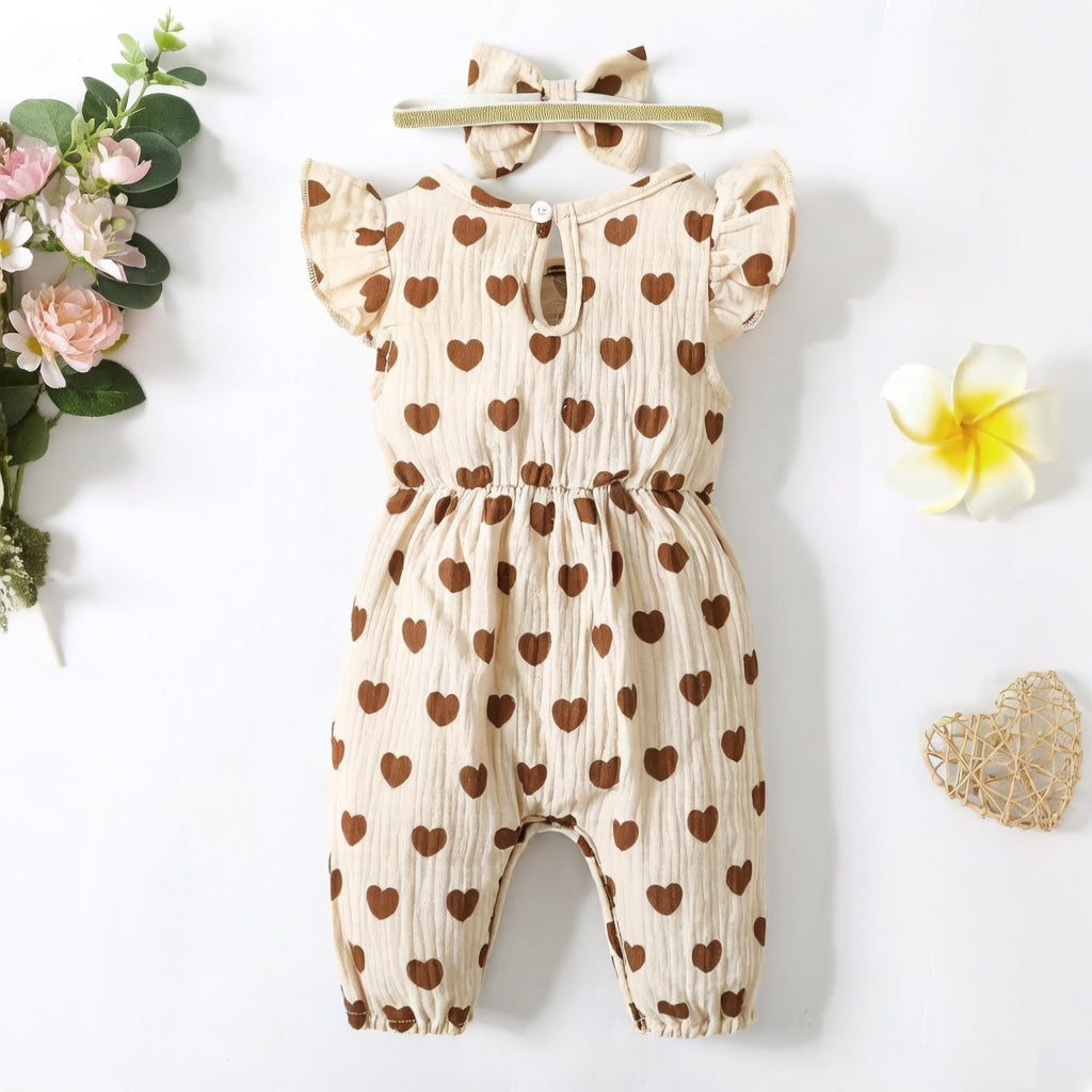 2PCS Grace Heart Print Bowknot Flounce Sleeve Baby Jumpsuit