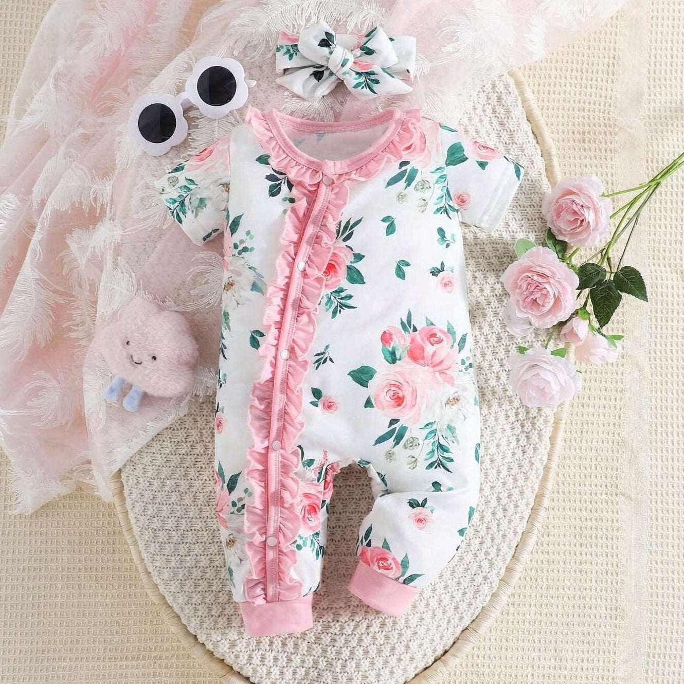 2PCS Bubbly Floral Print Short Sleeve Baby Girl Jumpsuit