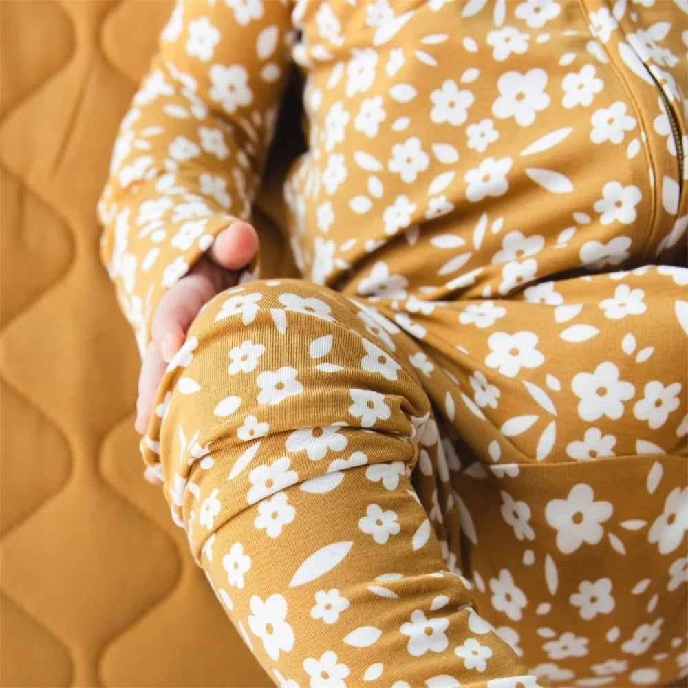 2PCS Allover Floral Print Long Sleeve Zipper Baby Jumpsuit