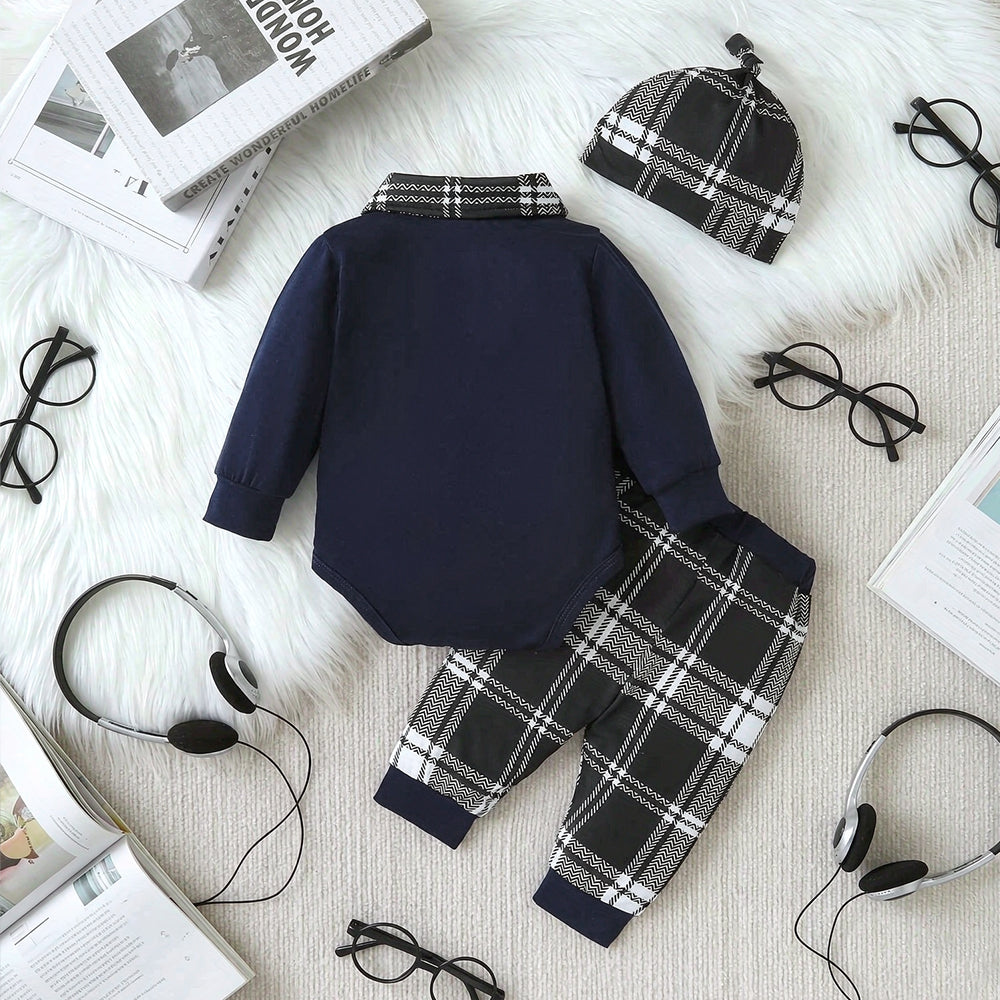 3PCS Dapper Plaid Printed Long Sleeve Baby Boy Set