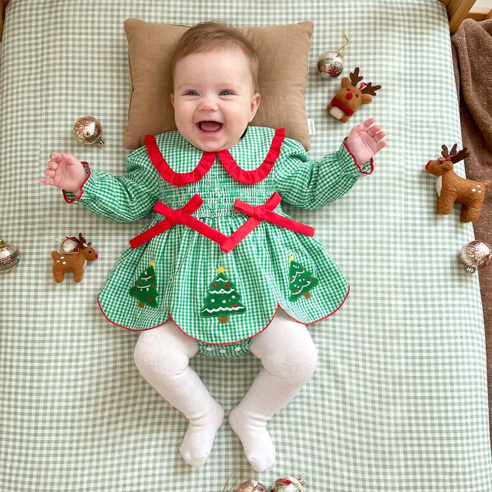 Lovely Christmas Santa Claus Plaid Printed Long Sleeve Baby Romper