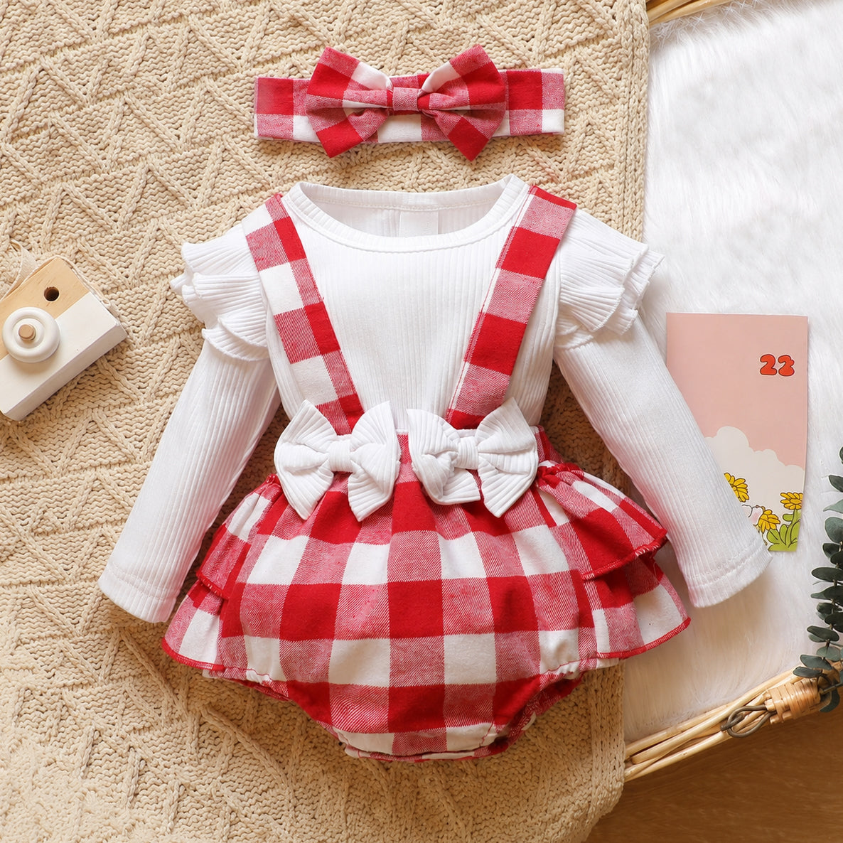 2PCS Sweet Plaid Print Bow Ruffled Long Sleeve Baby Romper