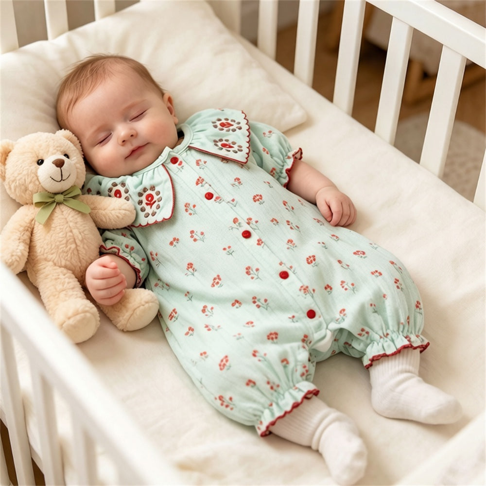 Exquisite Floral Printed Short Sleeve Baby Jumpsuit