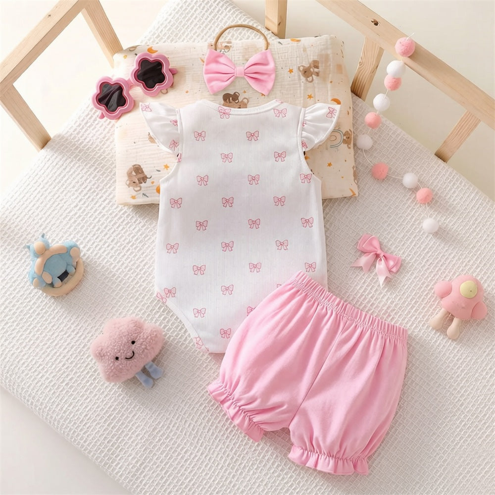 3PCS Elegant Bow Printed Flutter Sleeve Baby Set