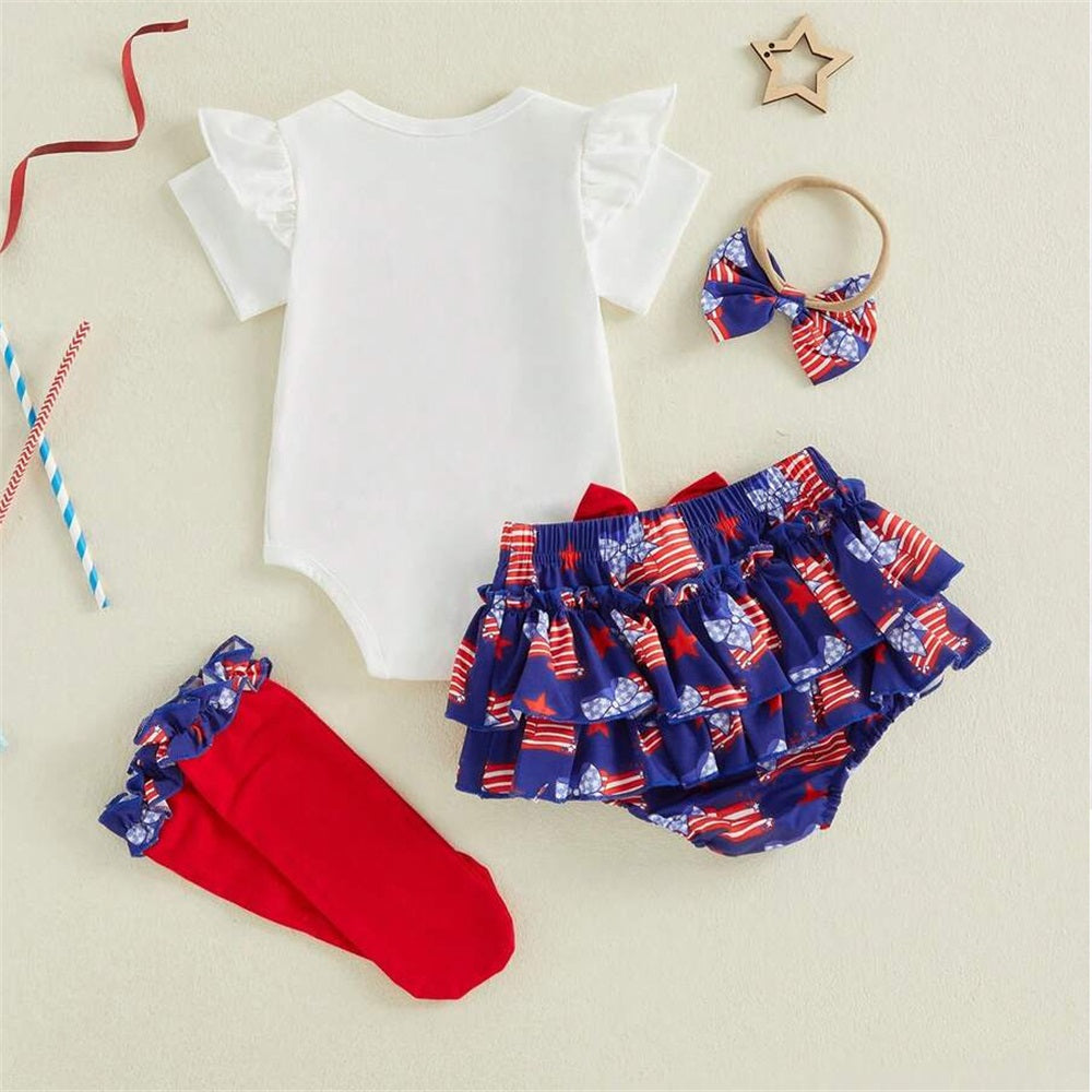 4PCS My First Fourth of July Letter Flag Printed Short Sleeve Baby Set