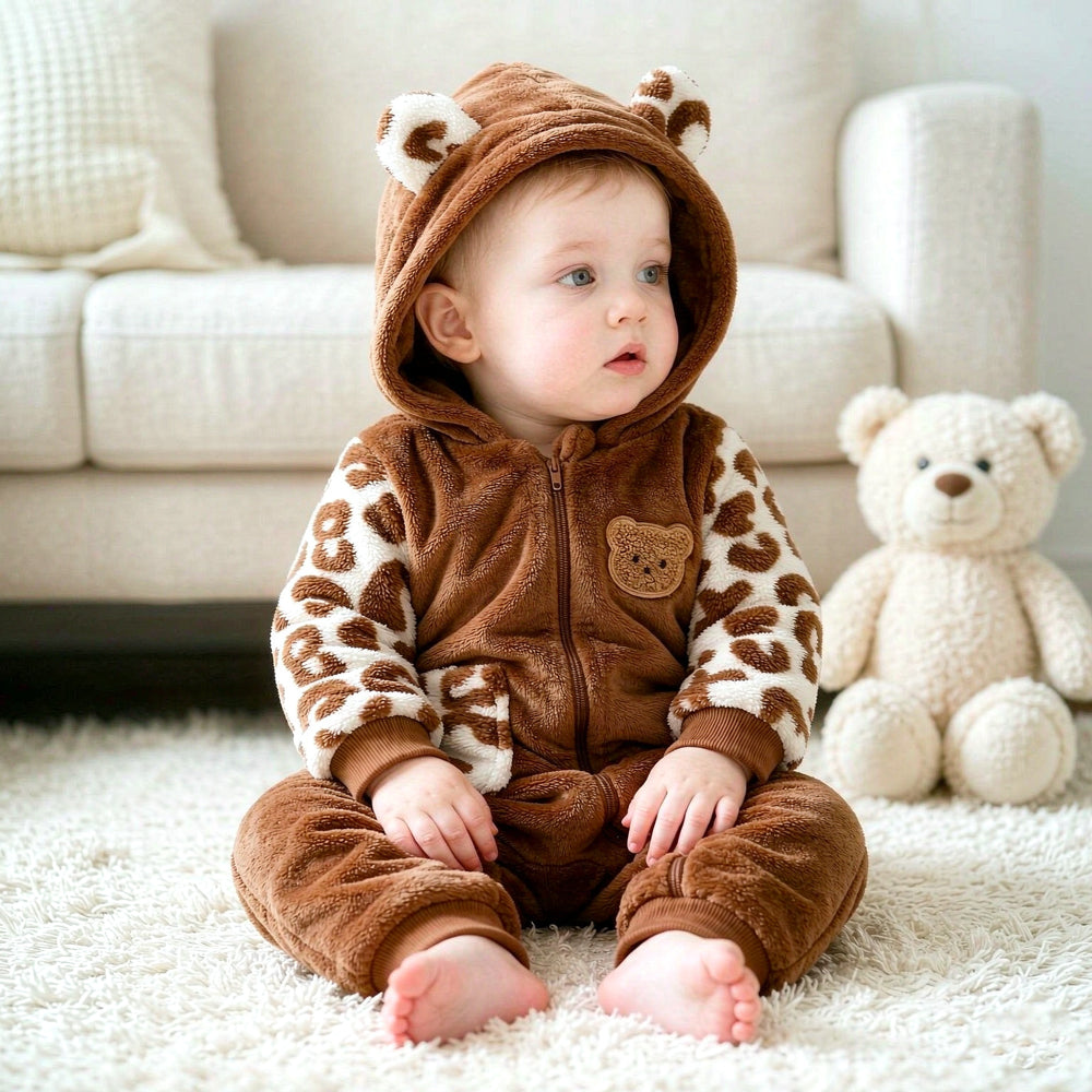 Fuzzy Bear Applique Leopard Print Zipper Baby Hoodie Jumpsuit