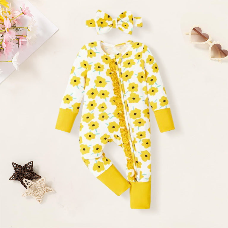 2PCS Lovely Floral Printed Zipper Bamboo Viscose Baby Jumpsuit