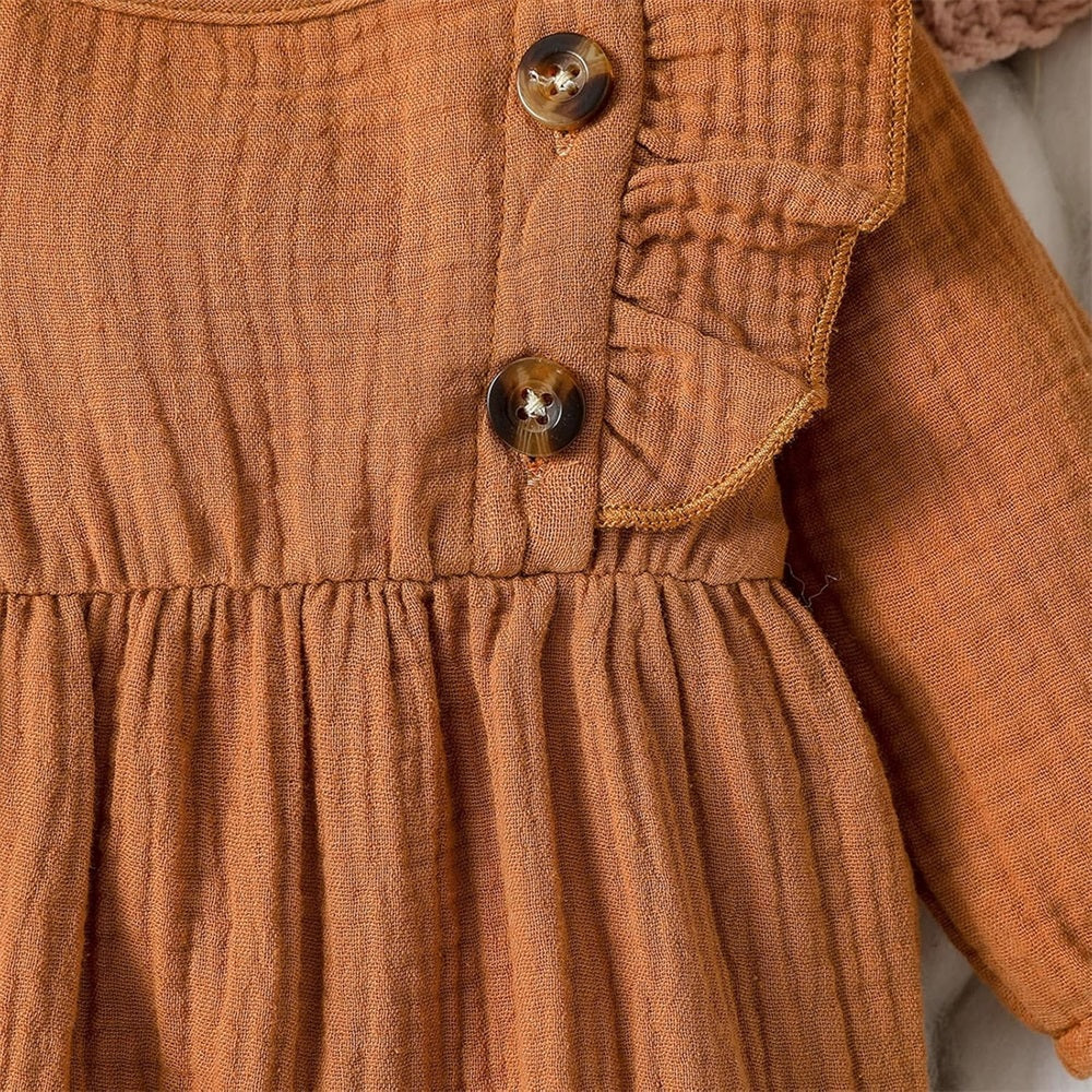 2PCS Solid Color Ruffle Trim Long Sleeve Baby Jumpsuit