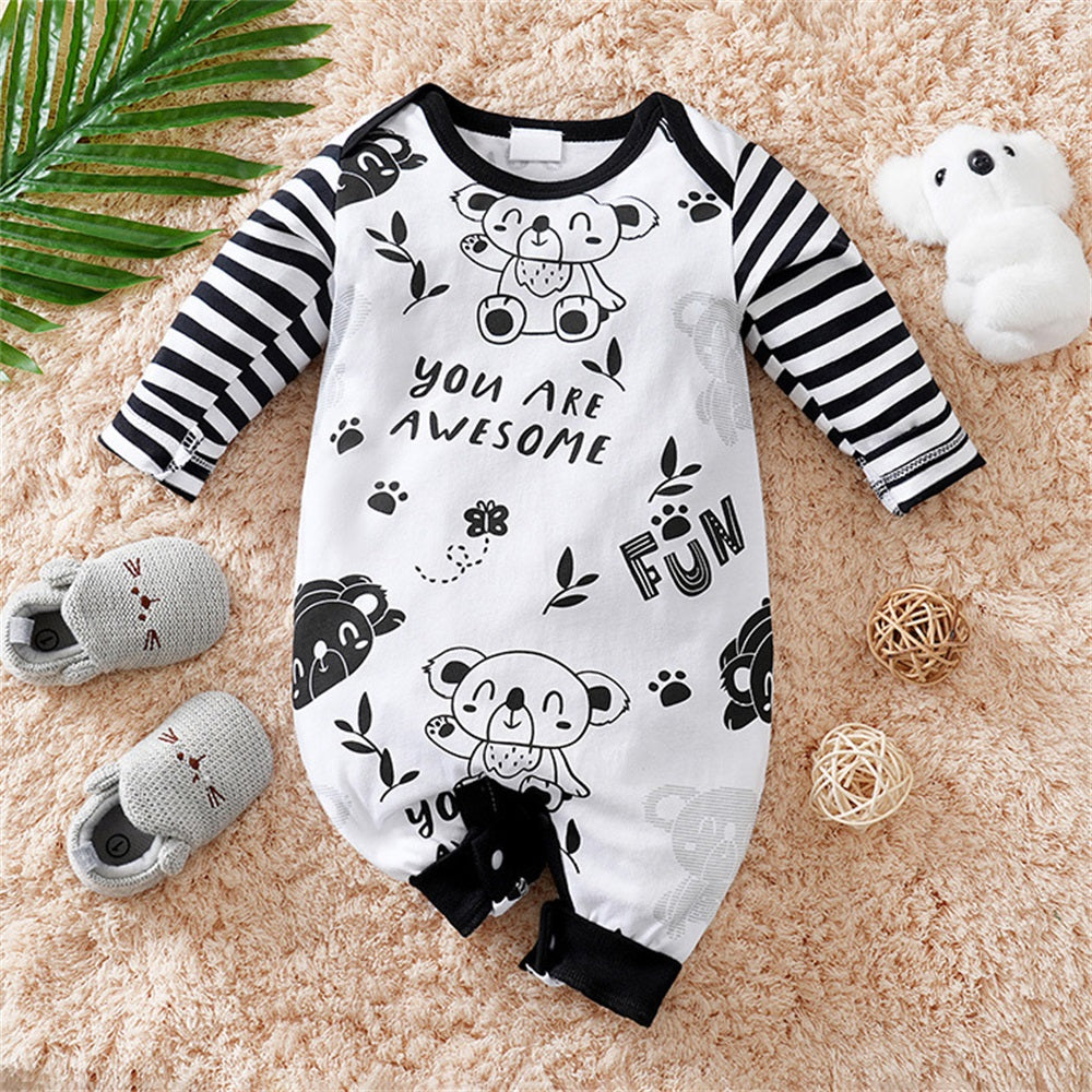 Casual Koala Print Striped Long Sleeve Baby Jumpsuit