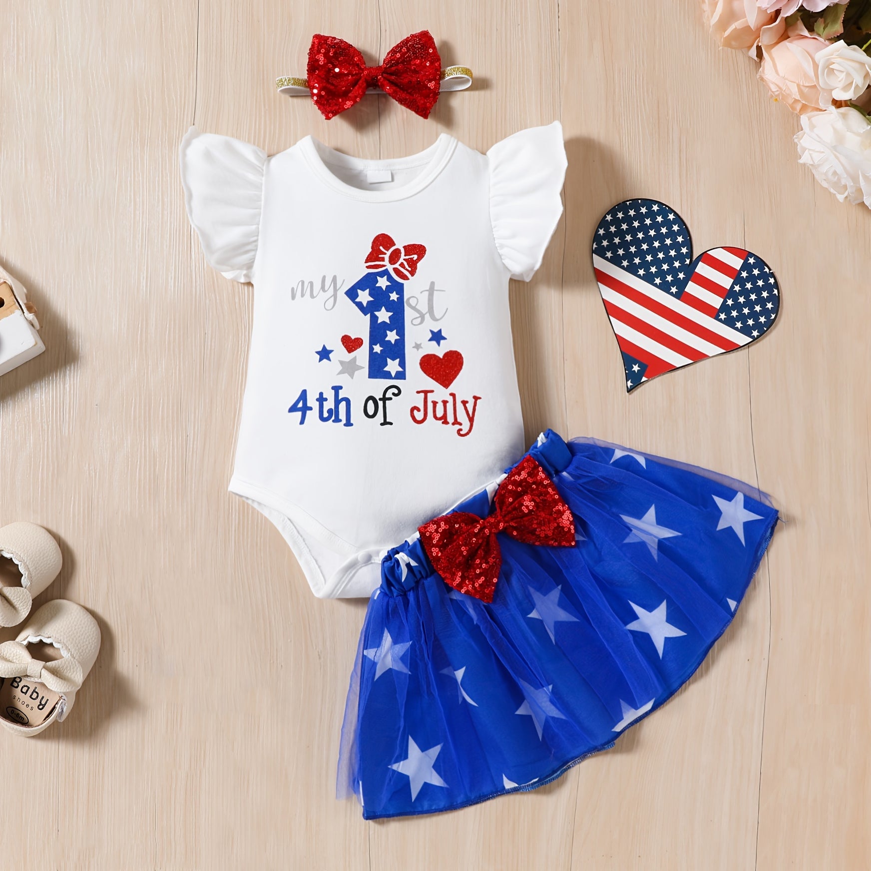 3PCS My 1st 4th of July Letter Printed Short Sleeve Baby Girl Set