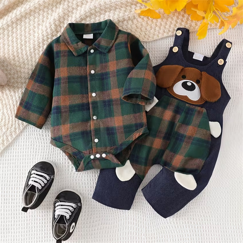 2PCS Cute Puppy Printed Plaid Long Sleeve Baby Overalls Set