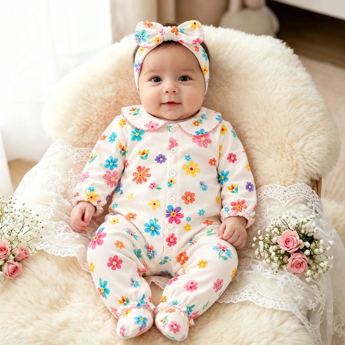 2PCS Baby Girl Colorful Floral Print Long Sleeve Jumpsuit