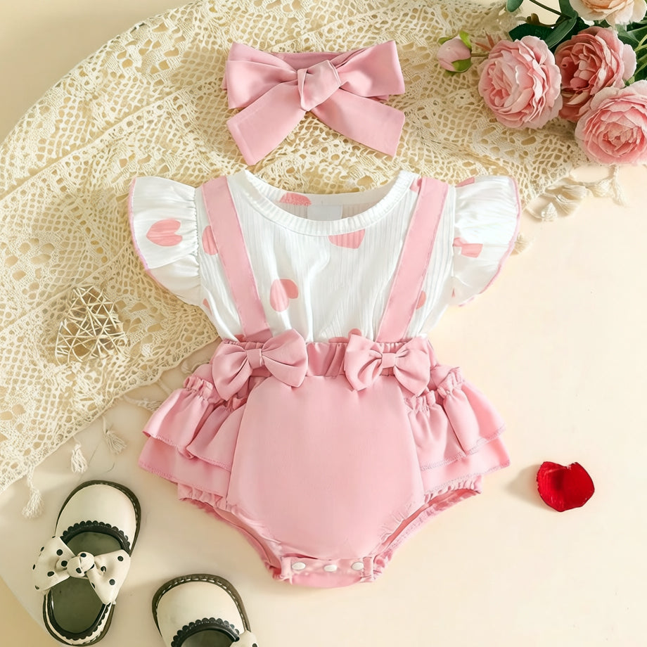 2PCS Adorable Heart Print Flutter Sleeve Baby Romper