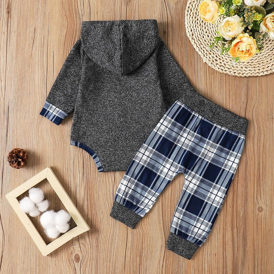 2PCS Casual Baby Boy Plaid Print Long Sleeve Hoodie Set