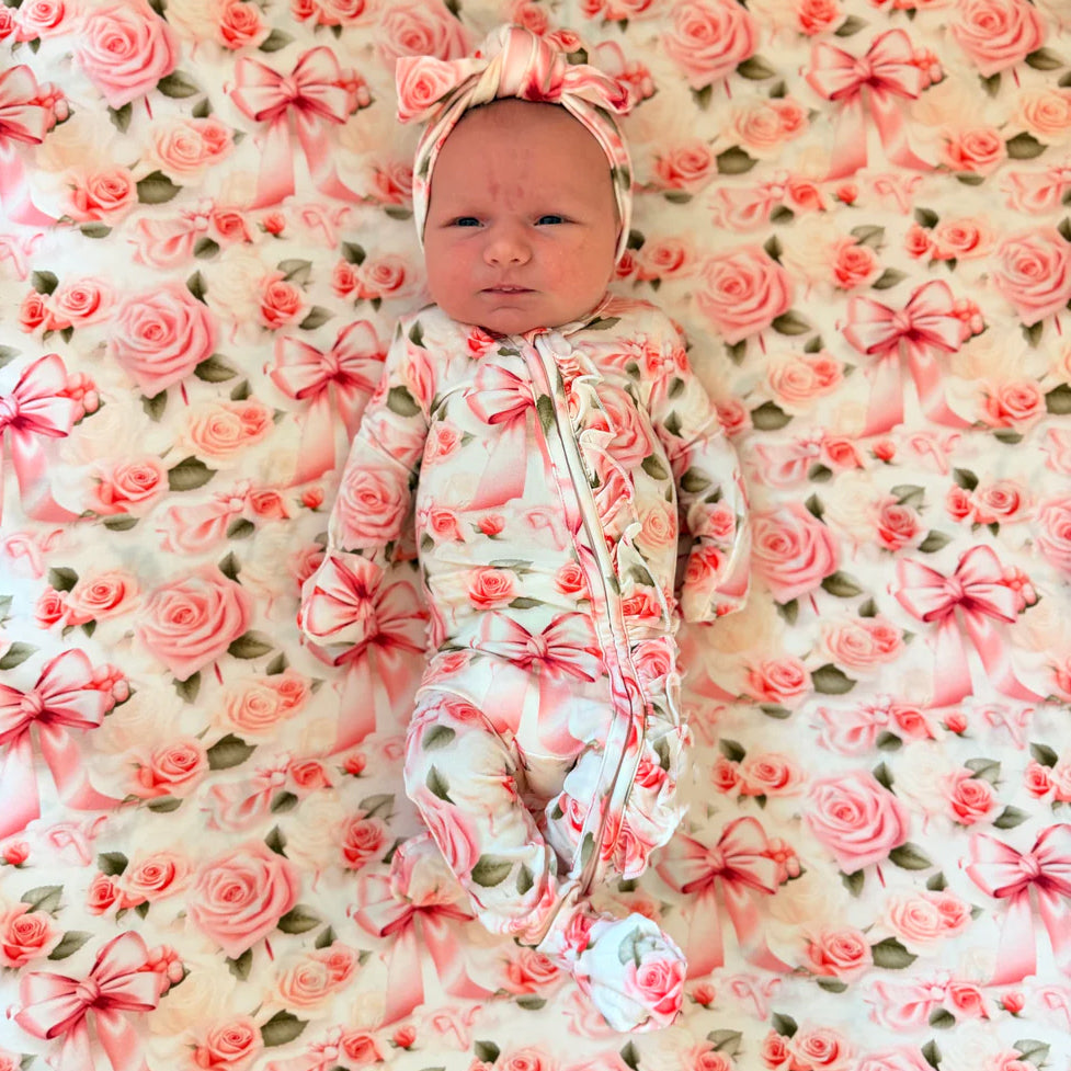 2PCS Pretty Floral & Bow Print Zipper Long Sleeve Baby Jumpsuit