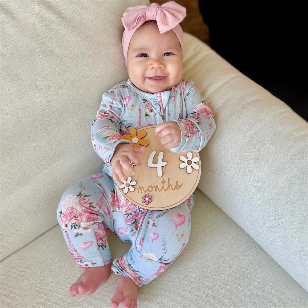 Comfy Floral Print Long Sleeve Ruffle Zipper Baby Jumpsuit