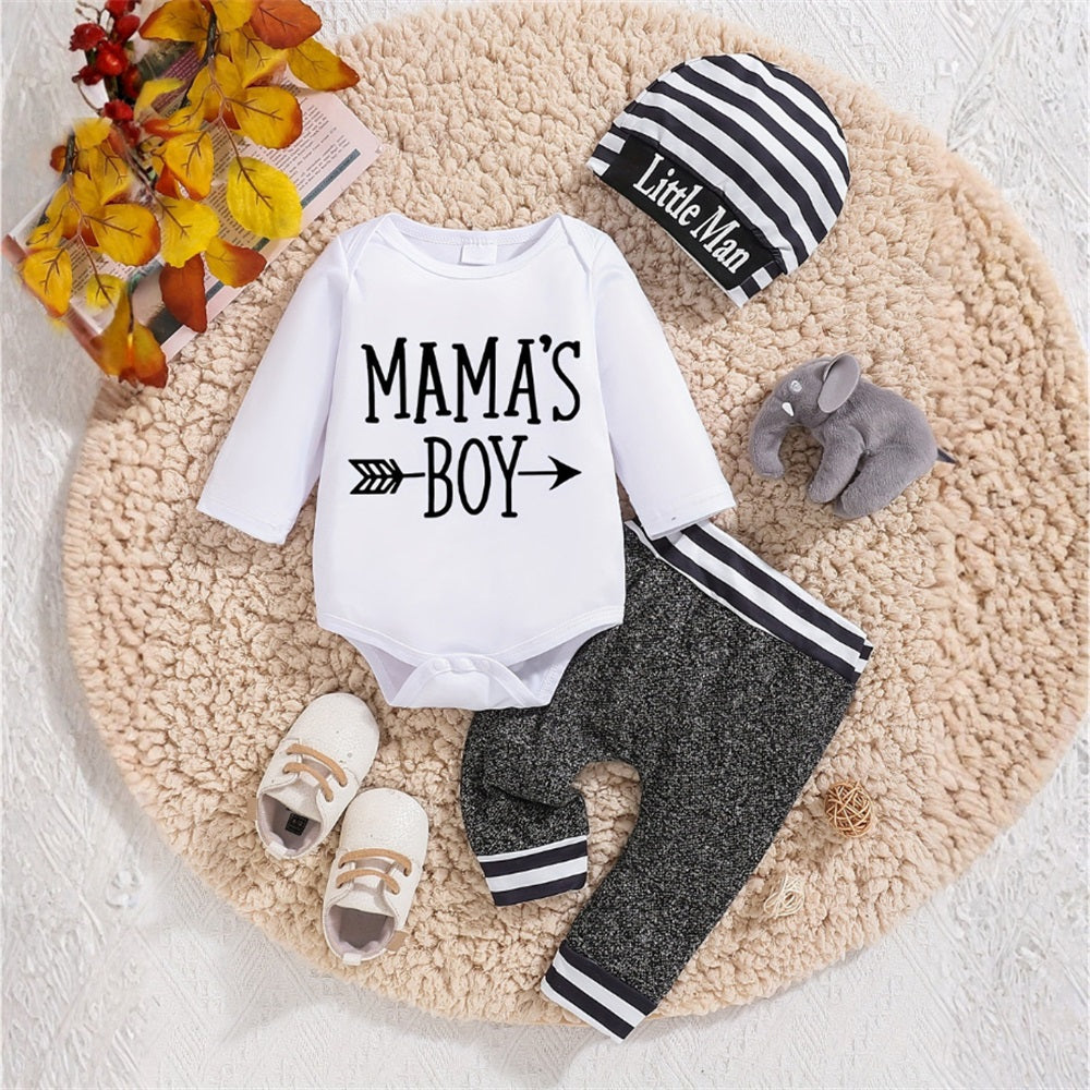 3PCS Mama's Boy Letter Printed Long Sleeve Baby Set