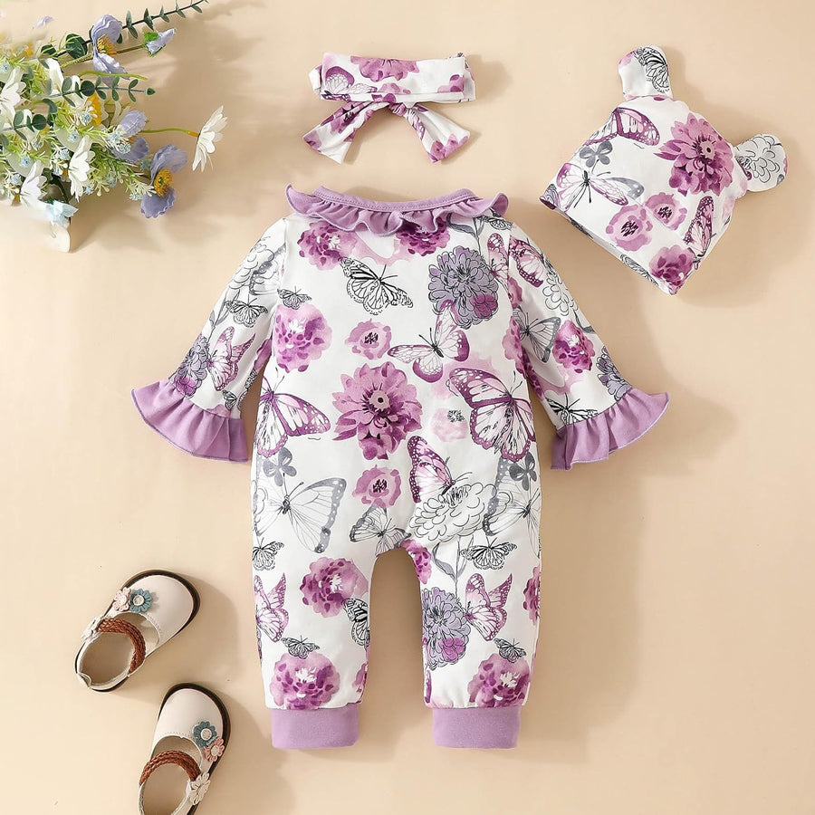 2PCS Elegant Floral Butterfly Printed Bow Long Sleeve Baby Jumpsuit