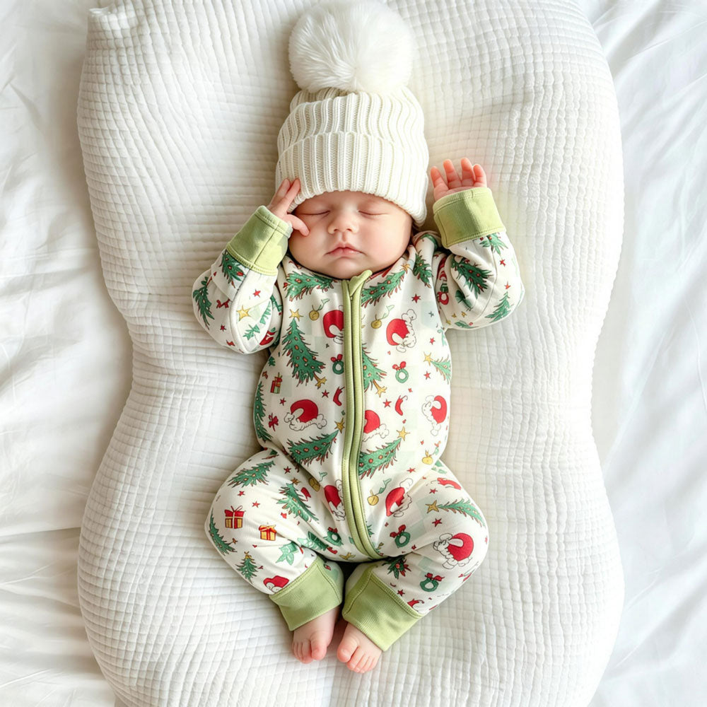 Lovely Cartoon Christmas Elements Print Baby Zipper Jumpsuit