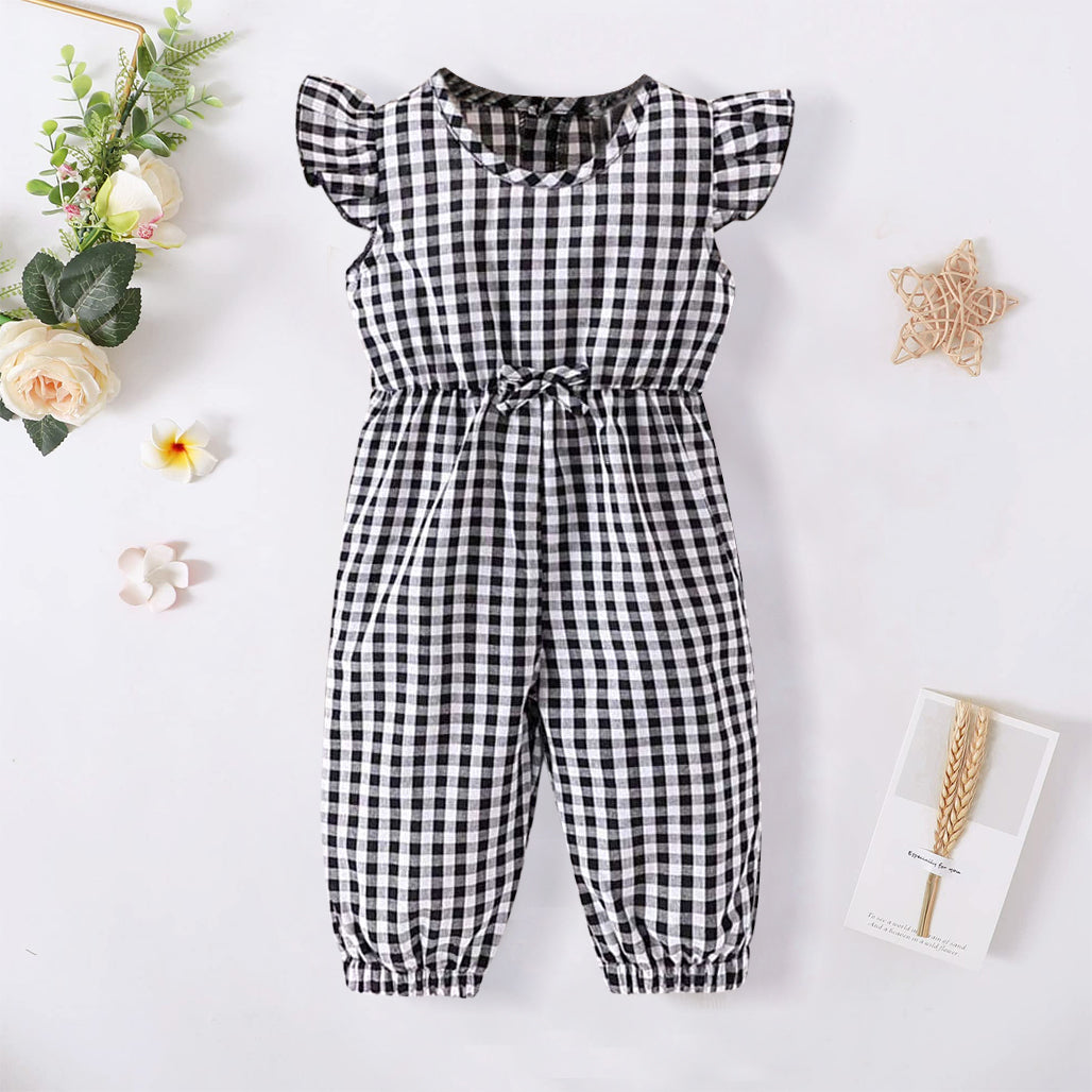 Lovely Plaid Print Fly Sleeve Baby Jumpsuit
