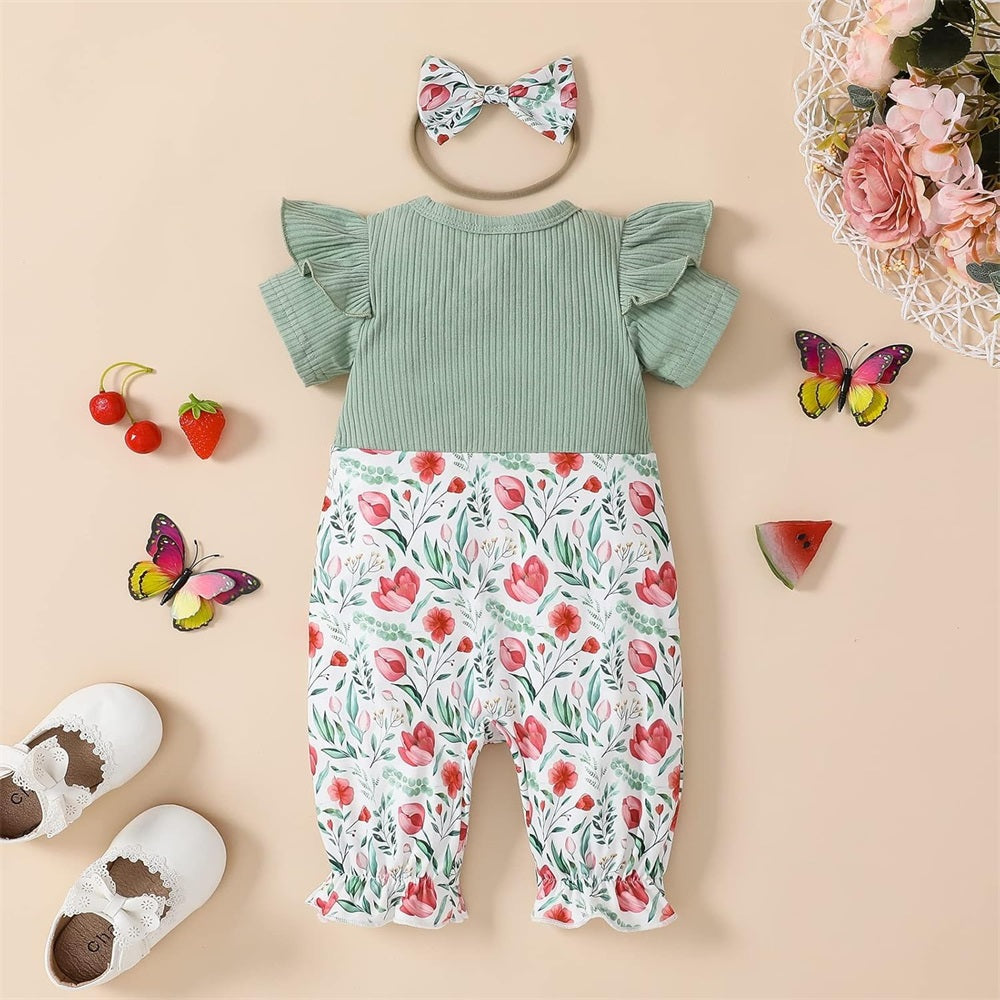 2PCS Casual Floral Printed Bow Short Sleeve Baby Jumpsuit
