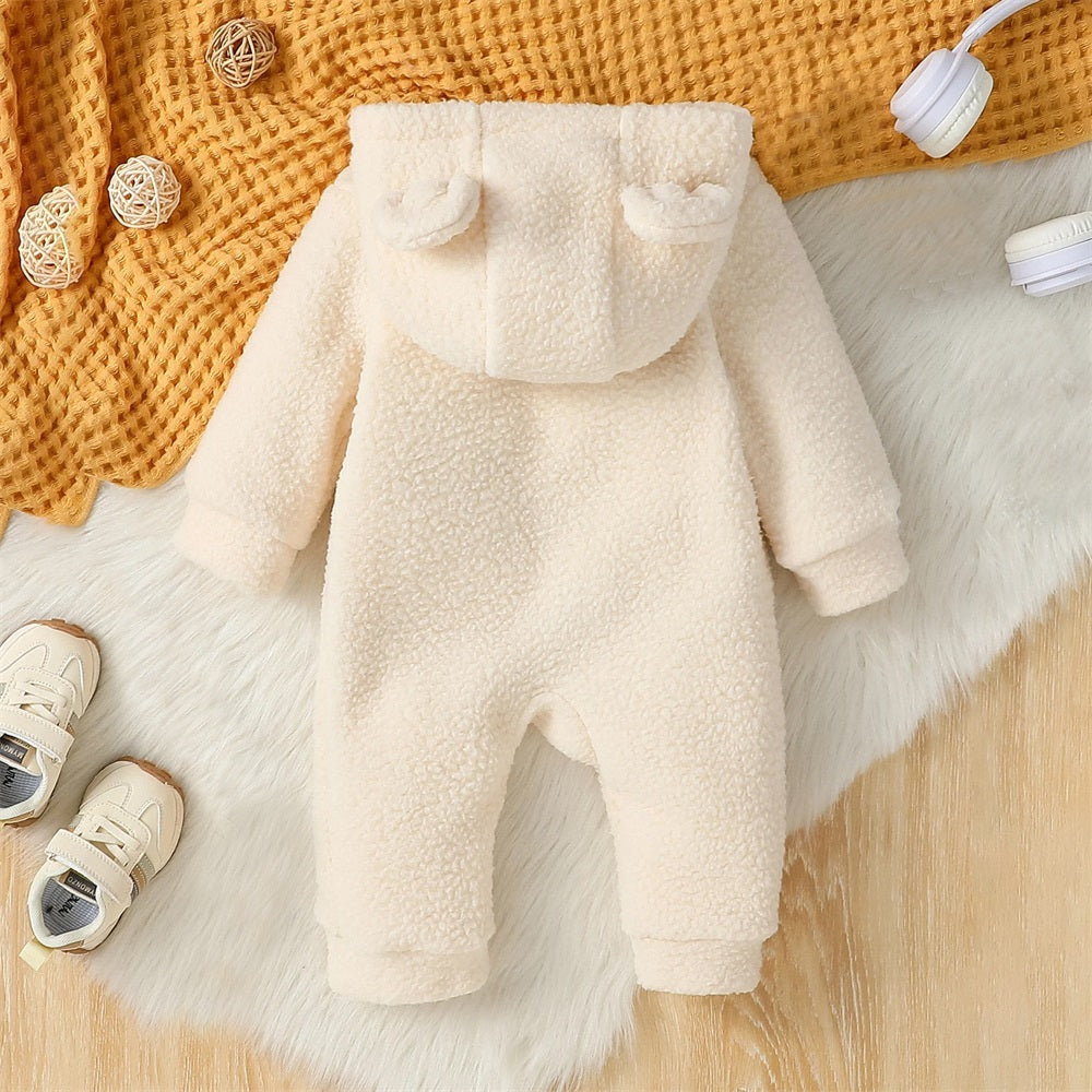 Comfy Solid Color Fleece Long Sleeve Baby Hooded Jumpsuit