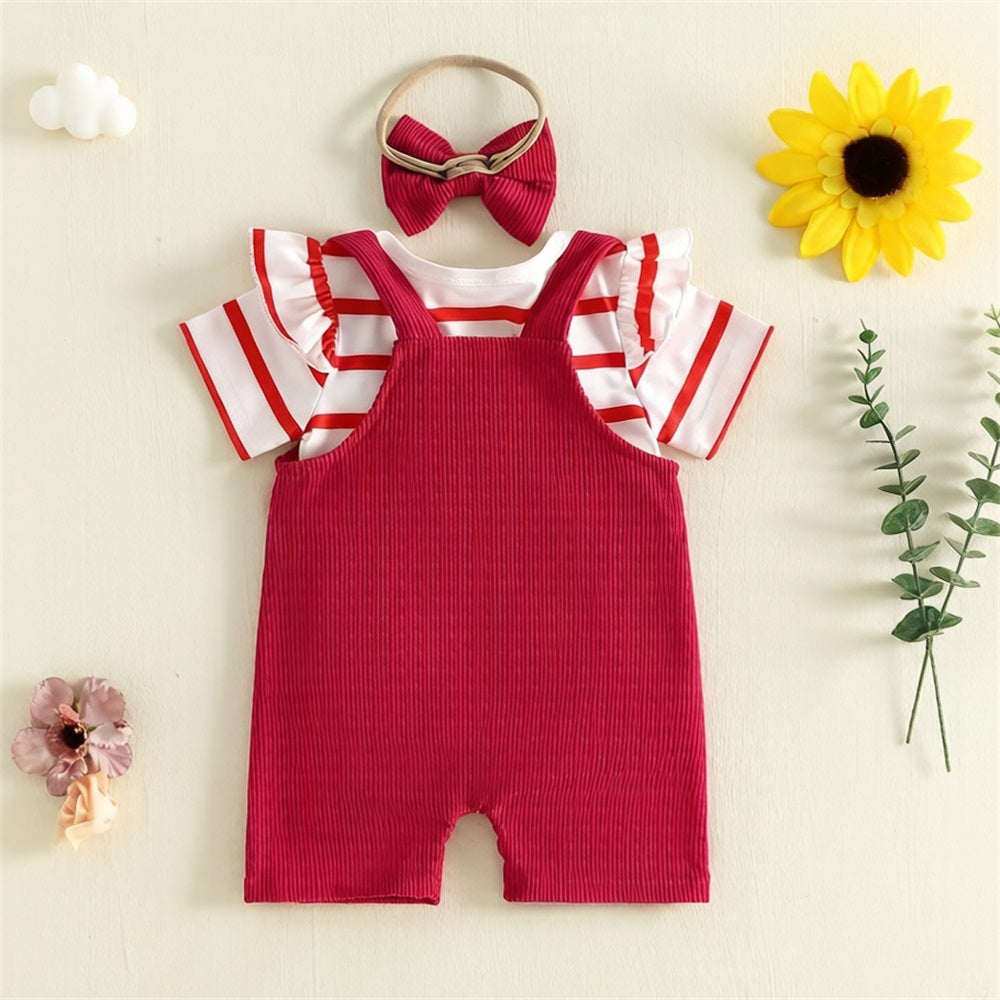 3PCS 3D Floral Embroidery Striped Short Sleeve Baby Overalls Set
