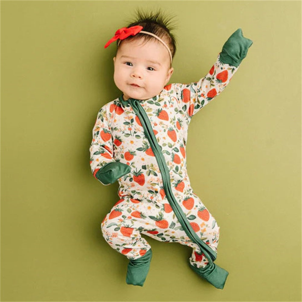 Vintage Strawberry Print Zipper Long Sleeve Baby Jumpsuit
