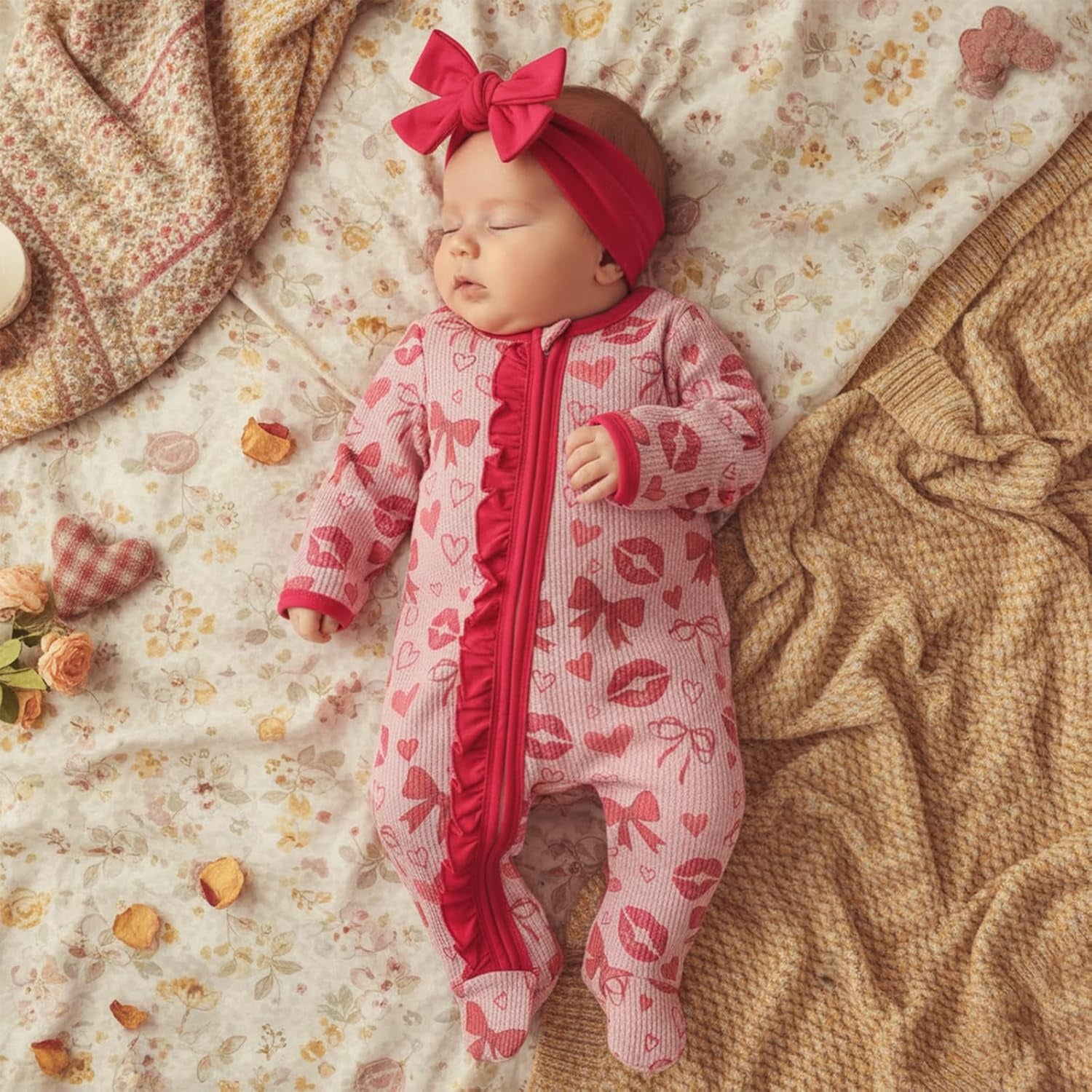 2PCS Lips Bow Printed Long Sleeve Zipper Baby Jumpsuit