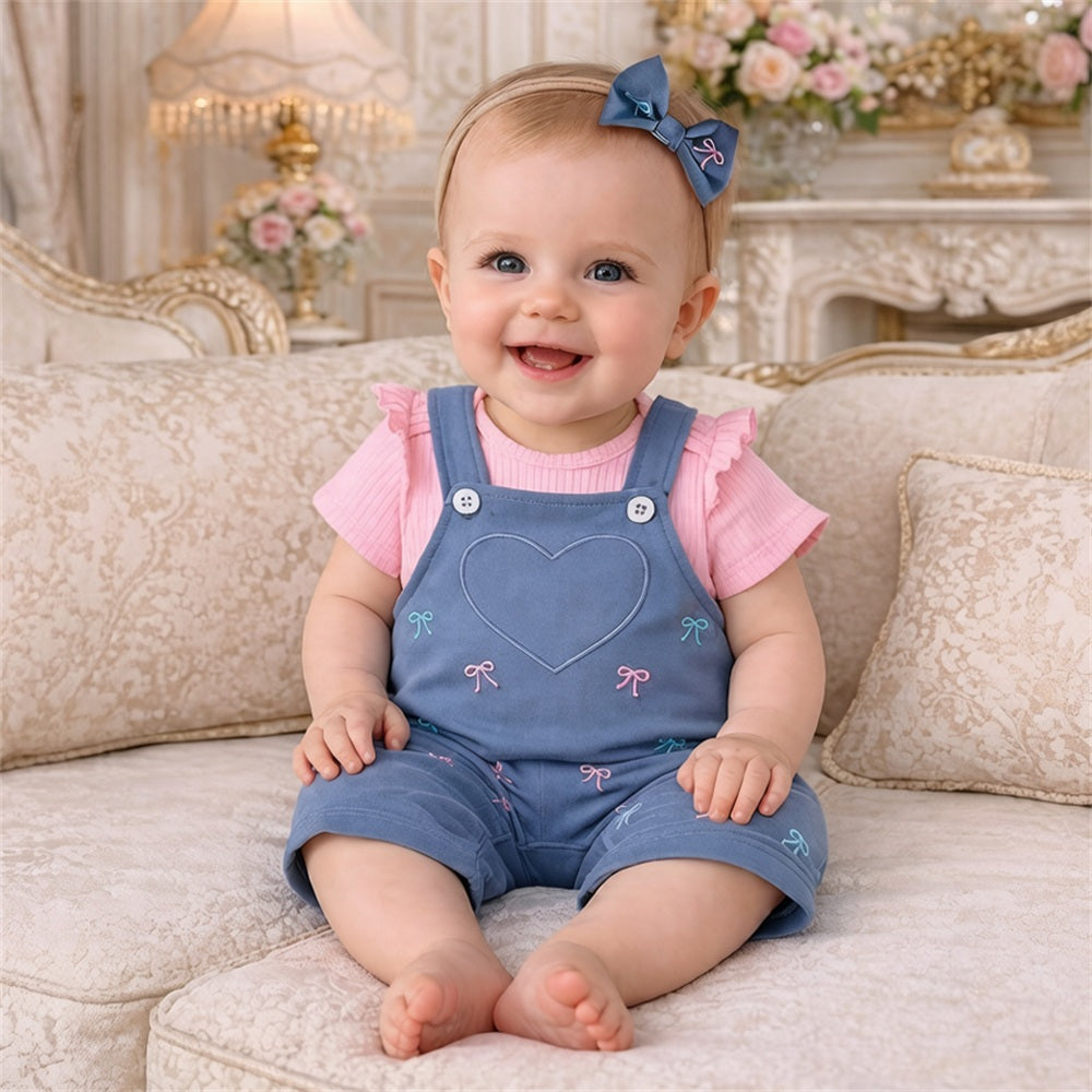 2PCS Adorable Bow Embroidery Short Sleeve Overalls Baby Set