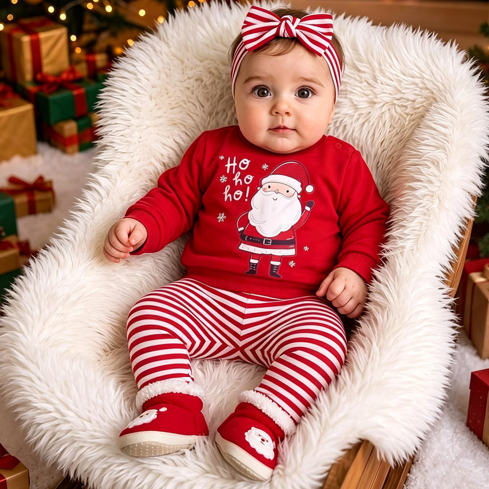 2PCS Ho Ho Ho Letter Santa Claus Stripe Print Long Sleeve Baby Set