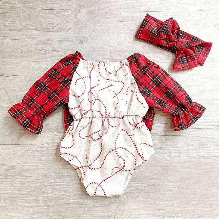 2PCS Lovely Christmas Plaid Printed Long Sleeve Baby Romper