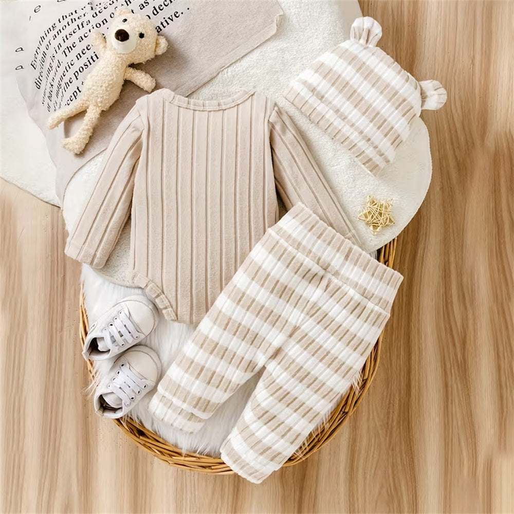 3PCS Bear Embroidery Striped Long Sleeve Baby Set