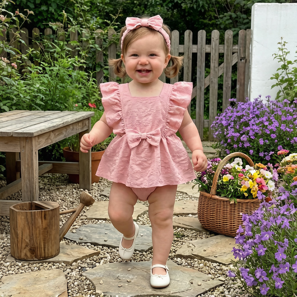 2PCS Cozy Solid Color Bowknot Flutter Sleeve Baby Romper