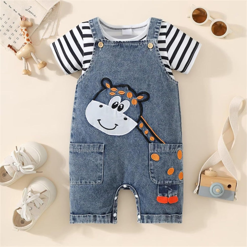 2PCS Cute Giraffe Printed Striped Short Sleeve Baby Denim Overalls Set