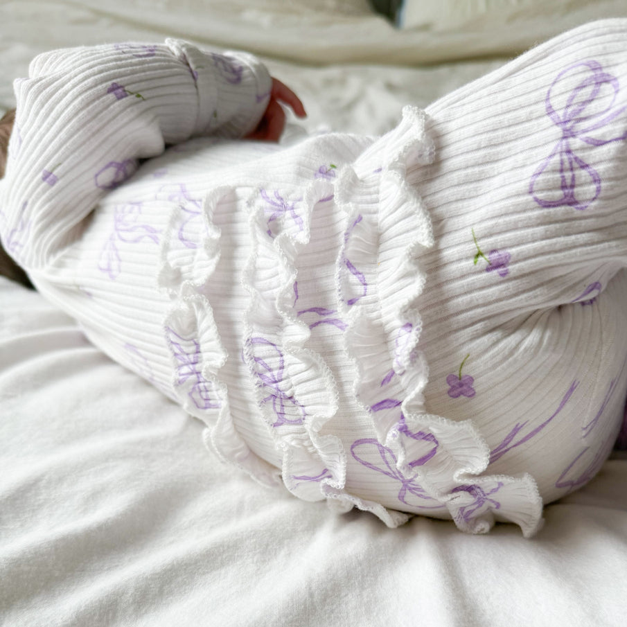 2PCS Elegant Bow Printed Long Sleeve Zipper Baby Jumpsuit