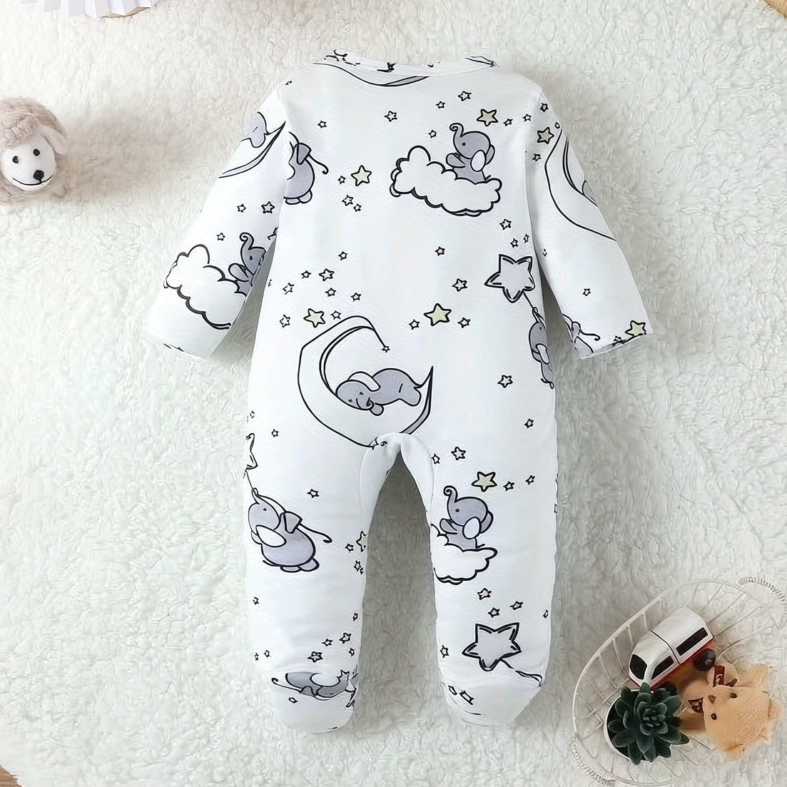 Lovely Elephant Stars Print Long Sleeve Zipper Baby Jumpsuit