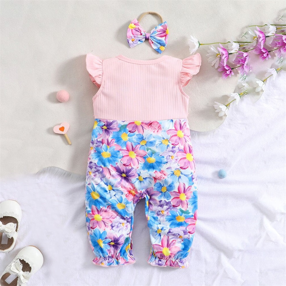 2PCS Pretty Floral Printed Sleeveless Baby Jumpsuit