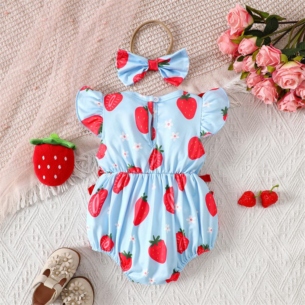 2PCS Lovely Strawberry & Floral Print Flutter Sleeve Baby Romper