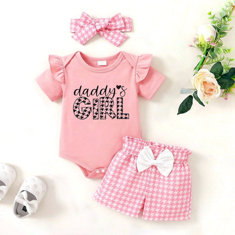 3PCS Daddy's Girl Letter Houndstooth Printed Short Sleeve Baby Set