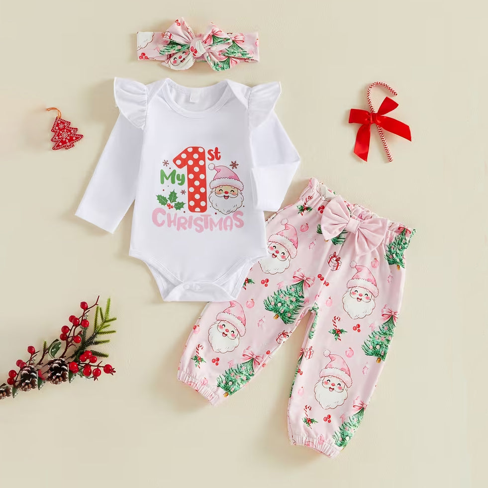 3PCS Chic My 1st Christmas Letter Santa Print Long Sleeve Baby Girl Set