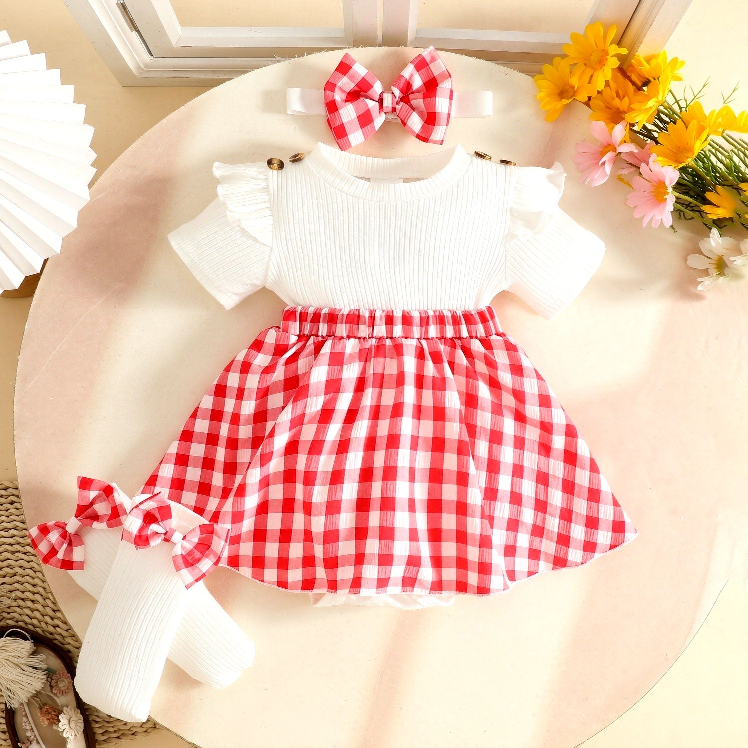 3PCS Sweet Color Block Plaid Printed Short Sleeve Baby Romper