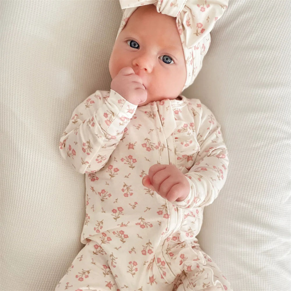 2PCS Pretty Floral Print Long Sleeve Frill Baby Jumpsuit