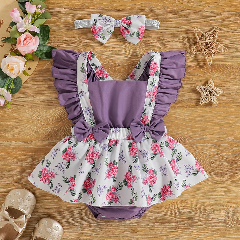 2PCS Cute Floral Print Flutter Sleeve Baby Girl Romper
